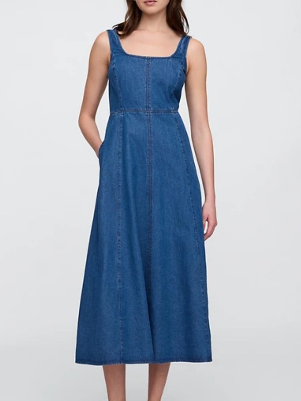 Gap Denim Square Neck Midi A Line Dress Sz L Petite